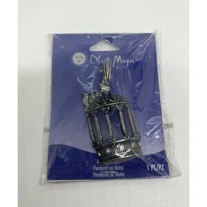 BLUE MOON BEADS 2.5" silvertone metal 3D BIRD IN CAGE PENDANT w/ rhinestones NIP